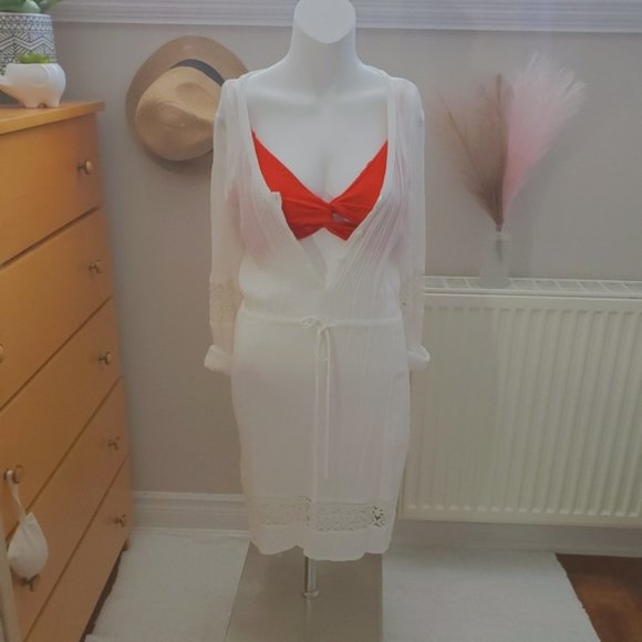 H&M White Long Sleeve Cotton Blend Beach Dress- Size 2 - Picture 1 of 12